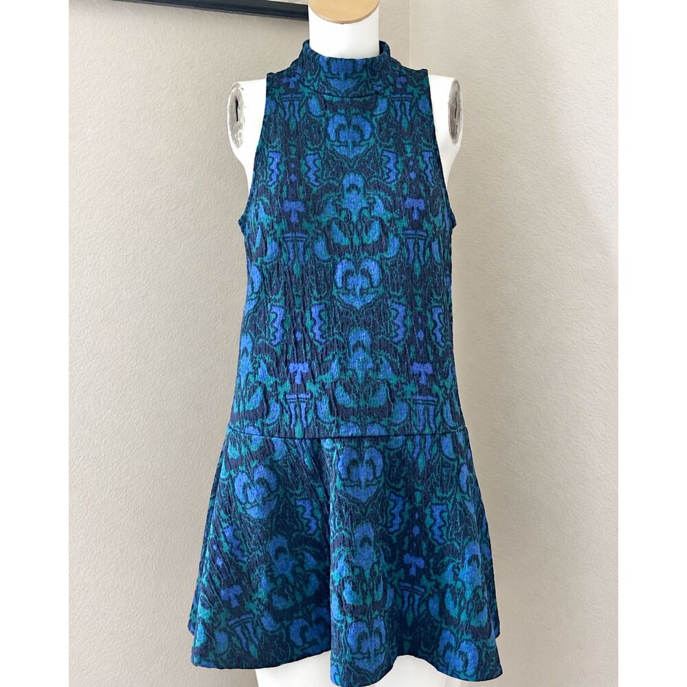 Free People Amelia Blue Teal Patterned Mock Neck Mini Dress Womens Small